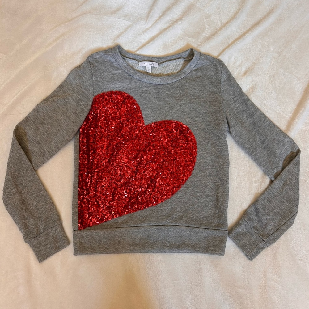 dELiA*s Gray Sweatshirt with Red Sequin Heart Accent